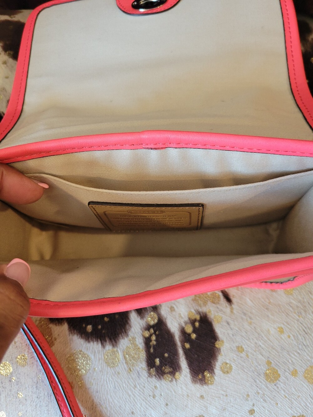 Coach Penny Archive Khaki Crossbody with Watermelon Pink Trim - Picture 6 of 8